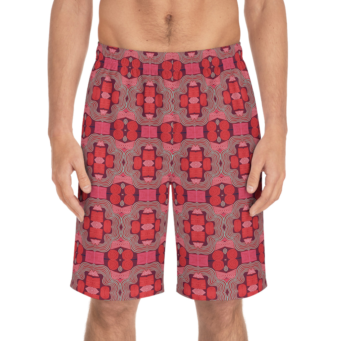 Red Geometric Print Men's Board Shorts (AOP)
