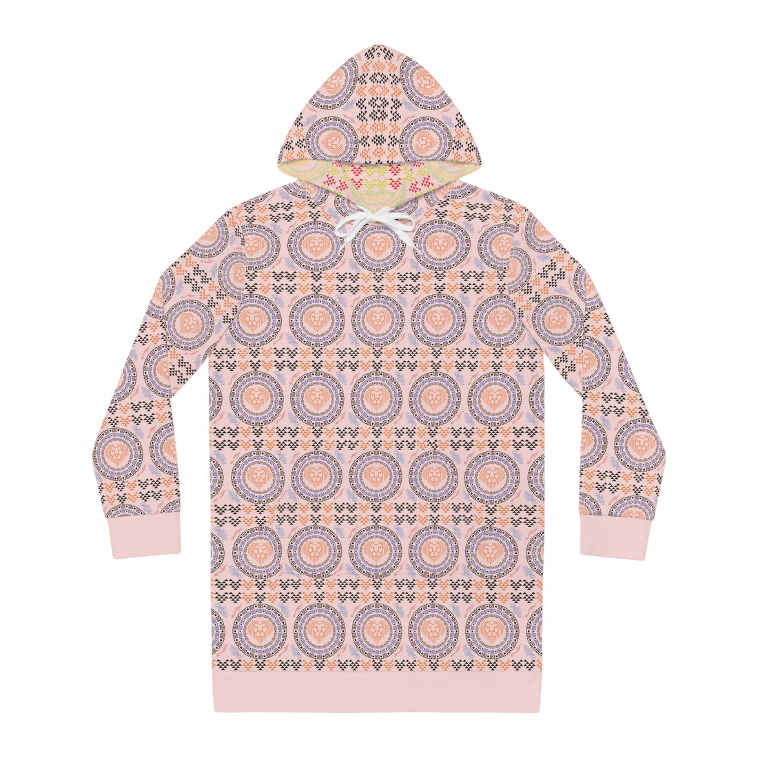 Pale Pink Geo Lion Head Hoodie Dress (AOP)