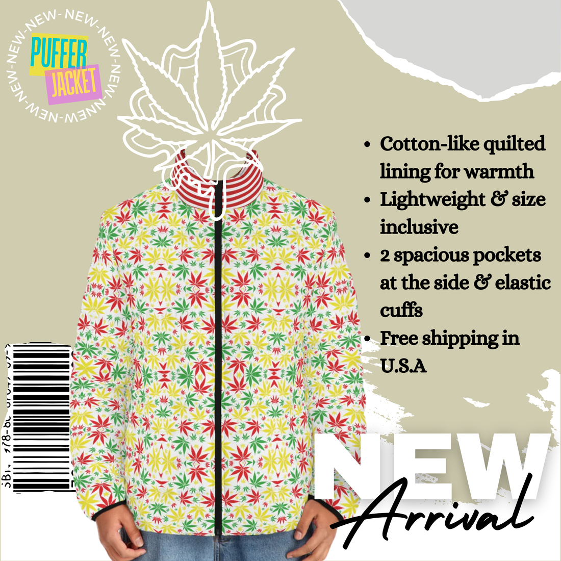 White Tropical Rasta Toned Men's Puffer Jacket