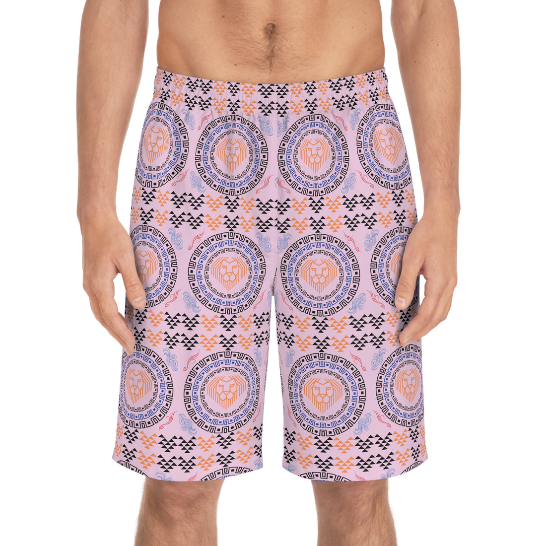 Lilac Geo Lion Head Men's Board Shorts (AOP)