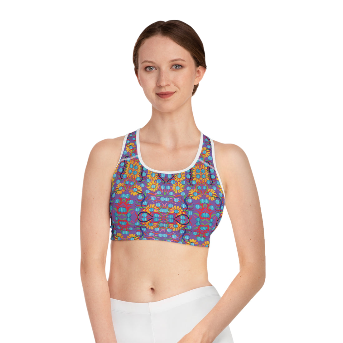 Pearl Purple Sunflower Print Racerback (AOP) Sports Bra