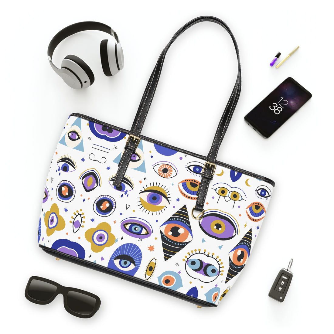 white abstract evil eye print tote bag