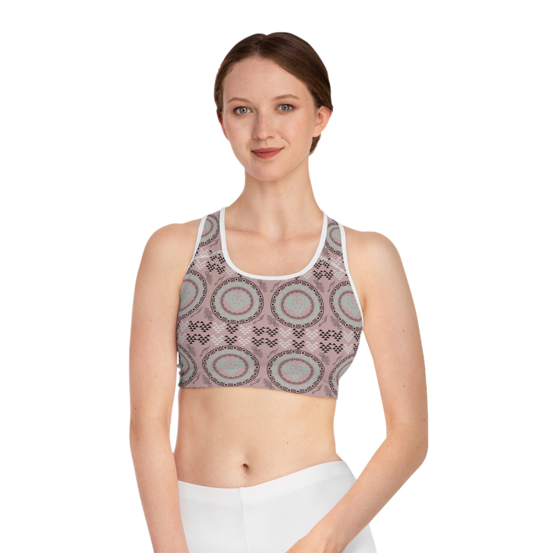 Taupe Geo Lion Head Racerback (AOP) Sports Bra