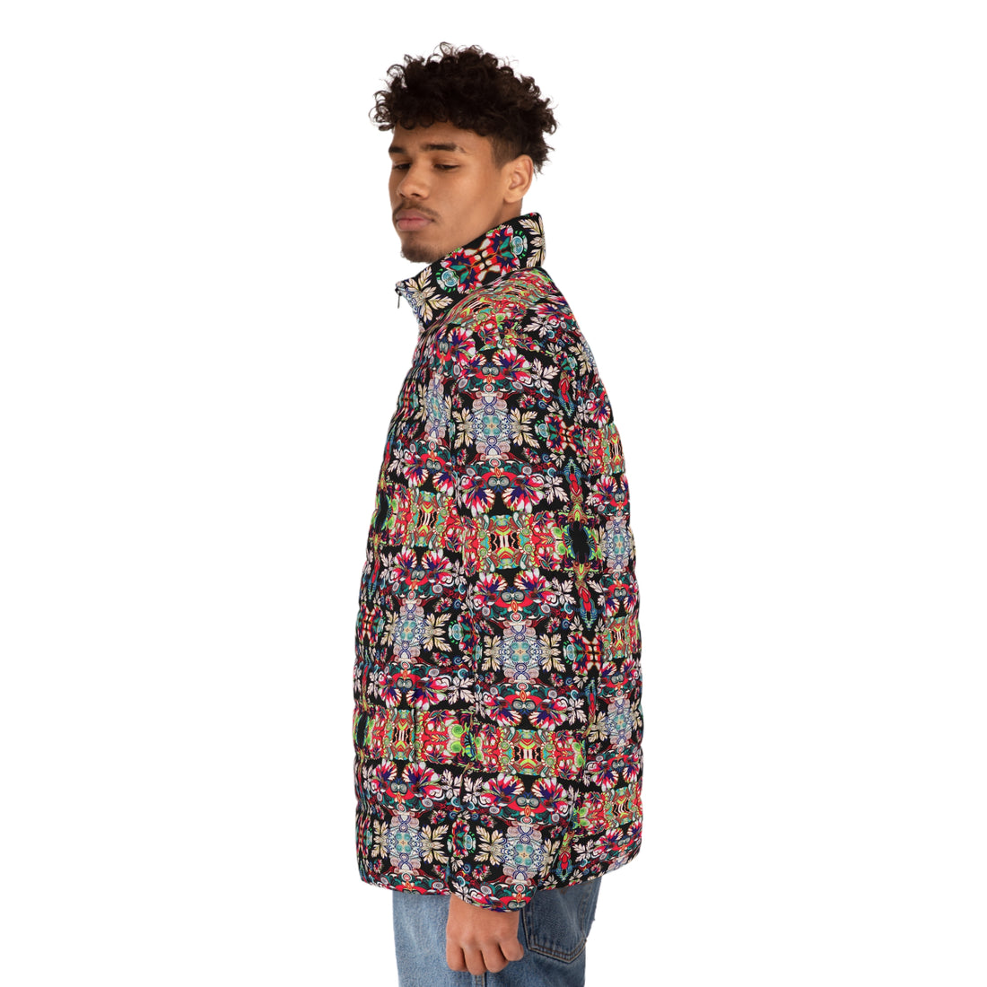 Black Artsy Floral Pop Men's Puffer Jacket