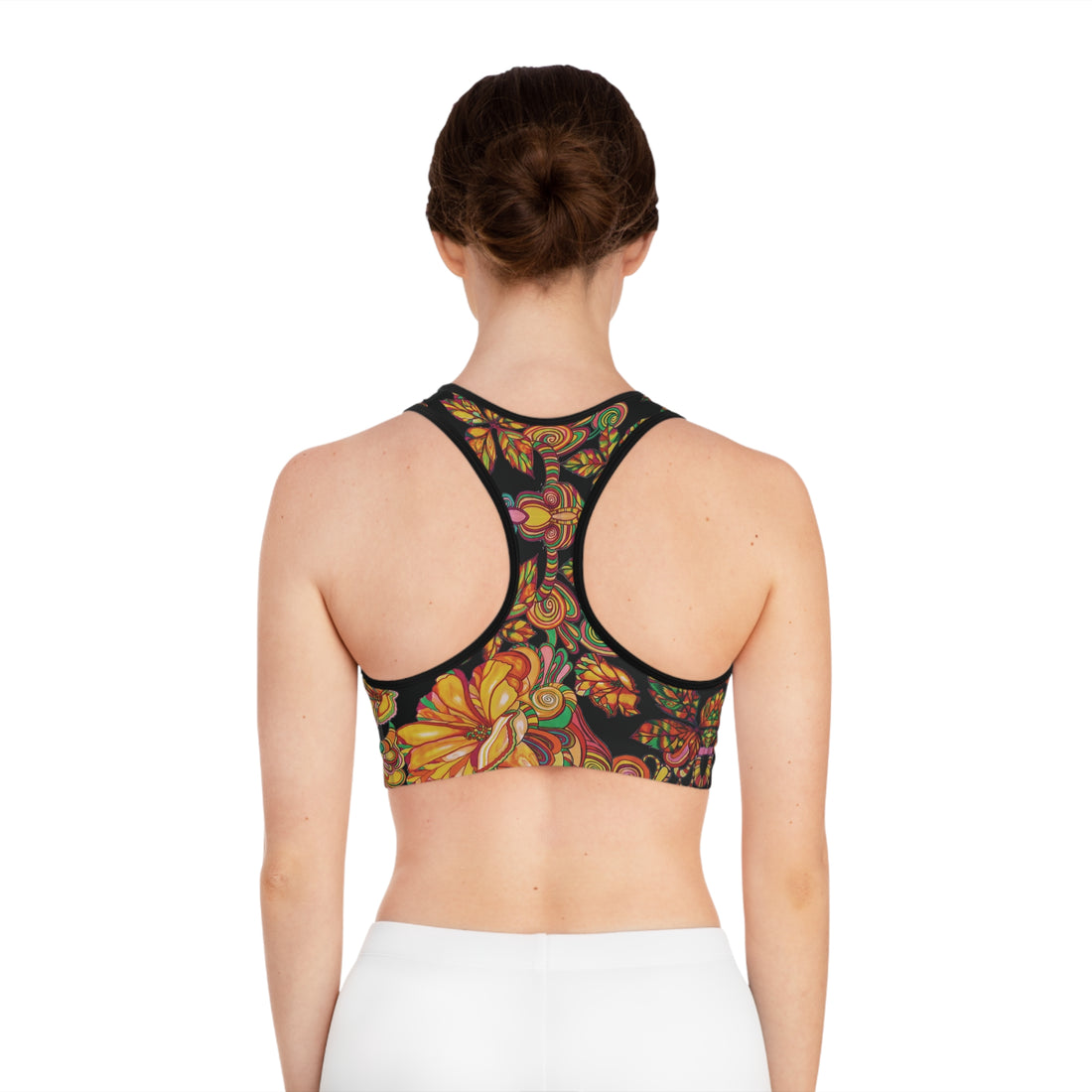 Black Artsy Floral Racer Back (AOP) Sports Bra