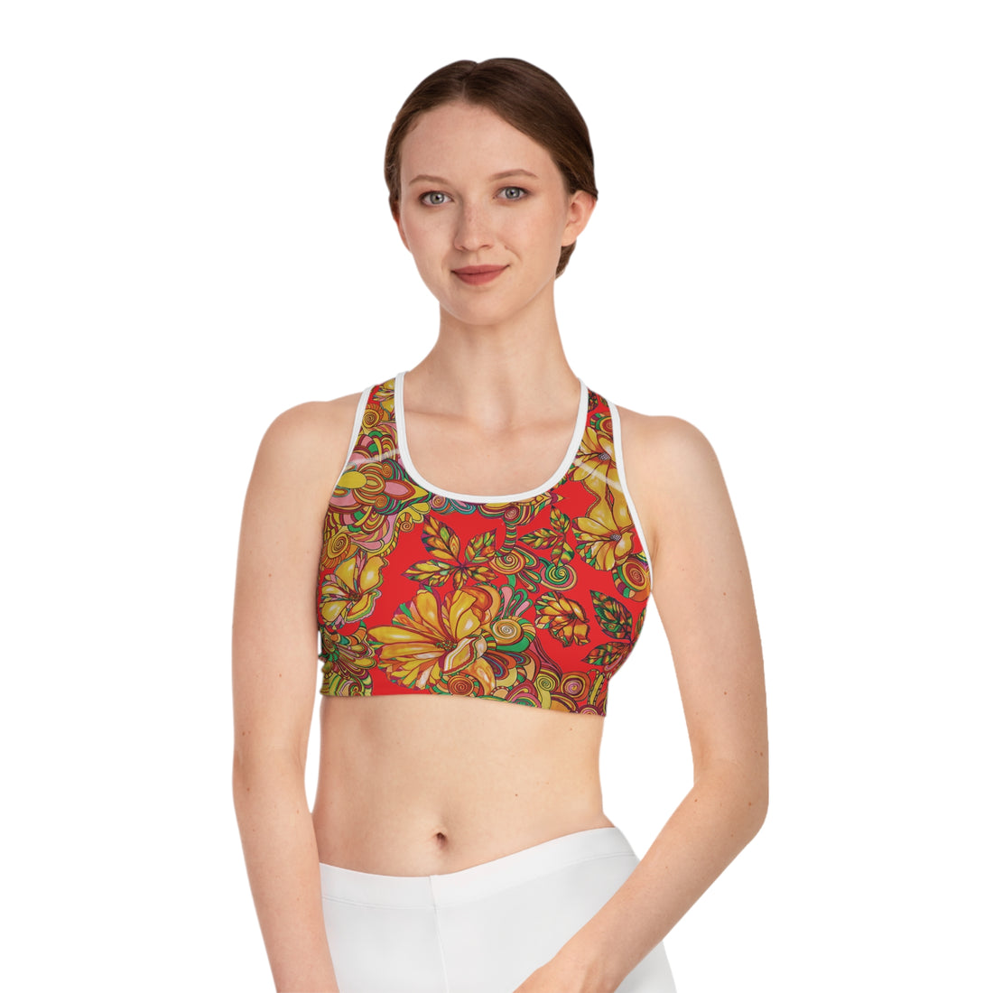 Red Artsy Floral Racer Back (AOP) Sports Bra