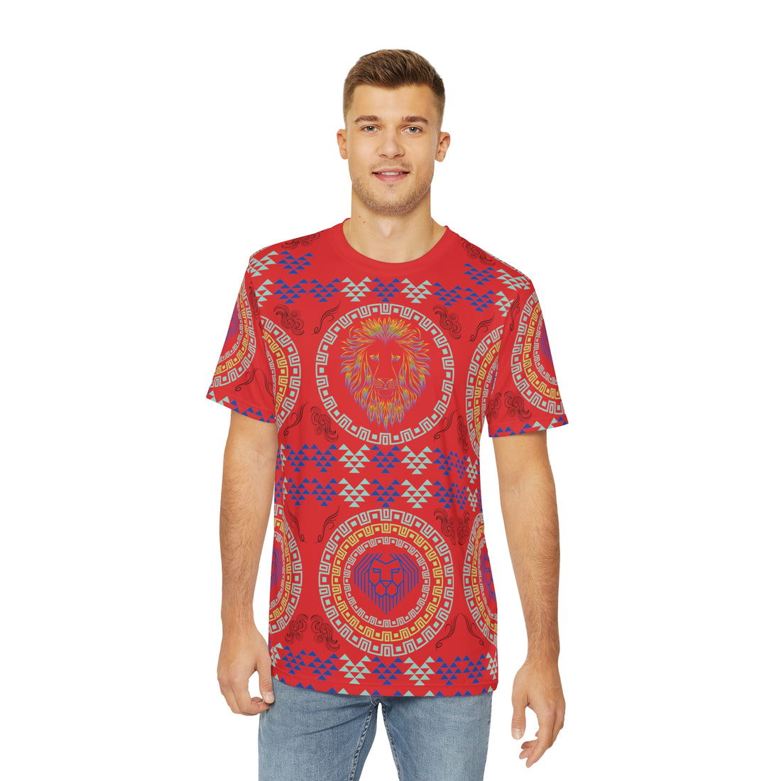 Red Geo Lion Head Polyester Tee (AOP)