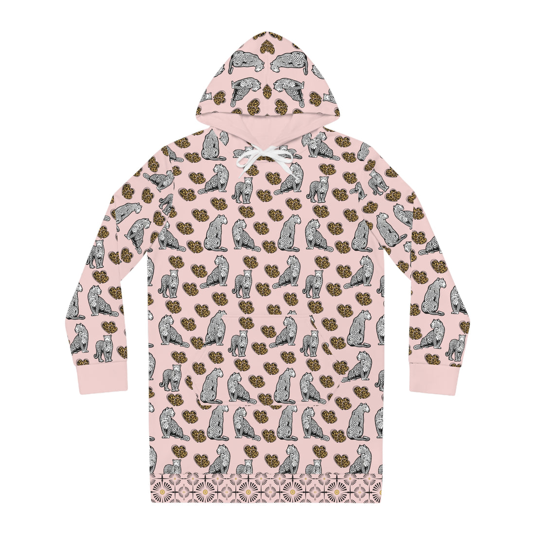 Pale Pink Cheetah Hearts Hoodie Dress (AOP)
