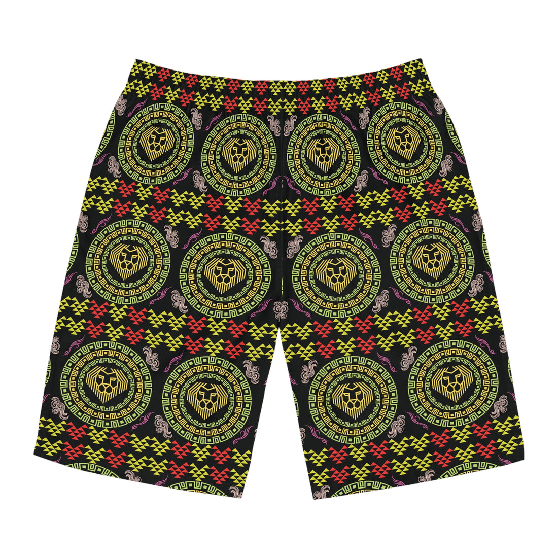Black Geo Lion Head Men's Board Shorts (AOP)