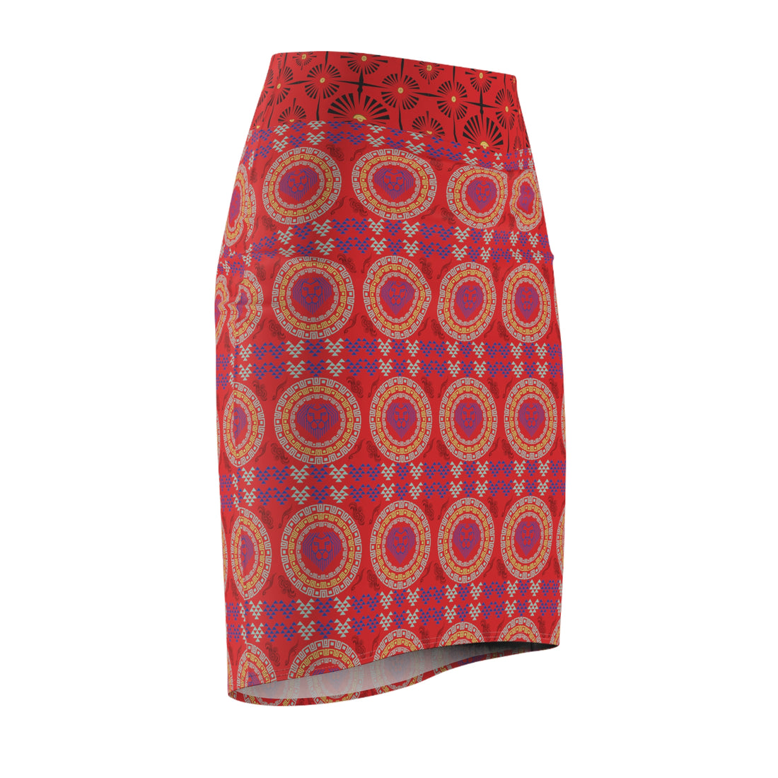 Red Geo Lion Head Pencil Skirt