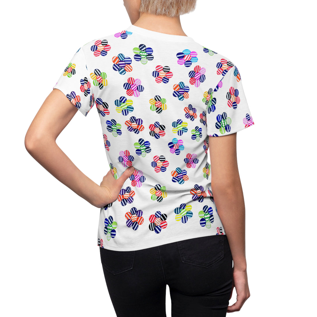 White Candy Floral AOP Women's Cap Sleeves T-shirt
