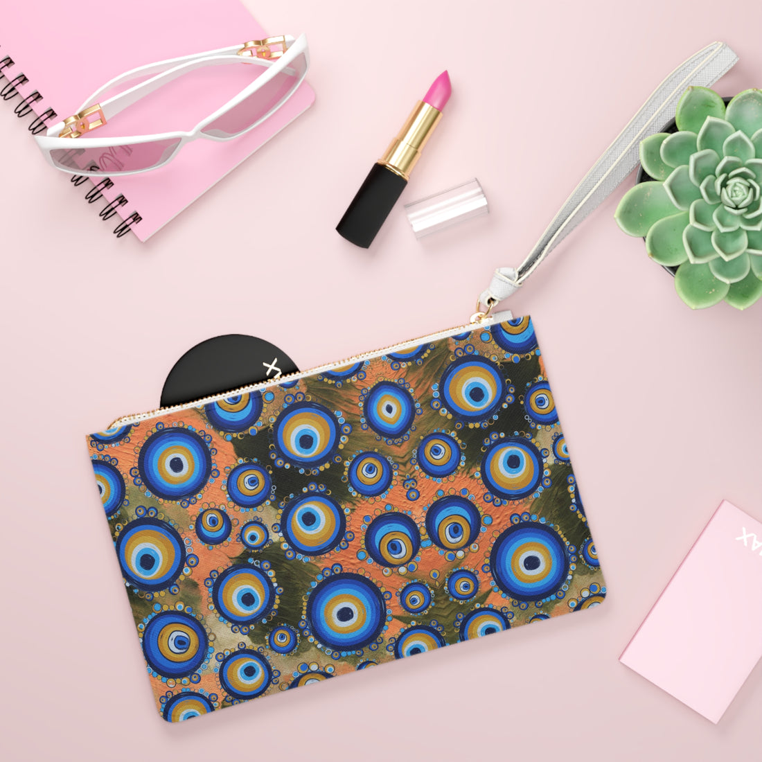 brush stroke evil eye print clutch bag