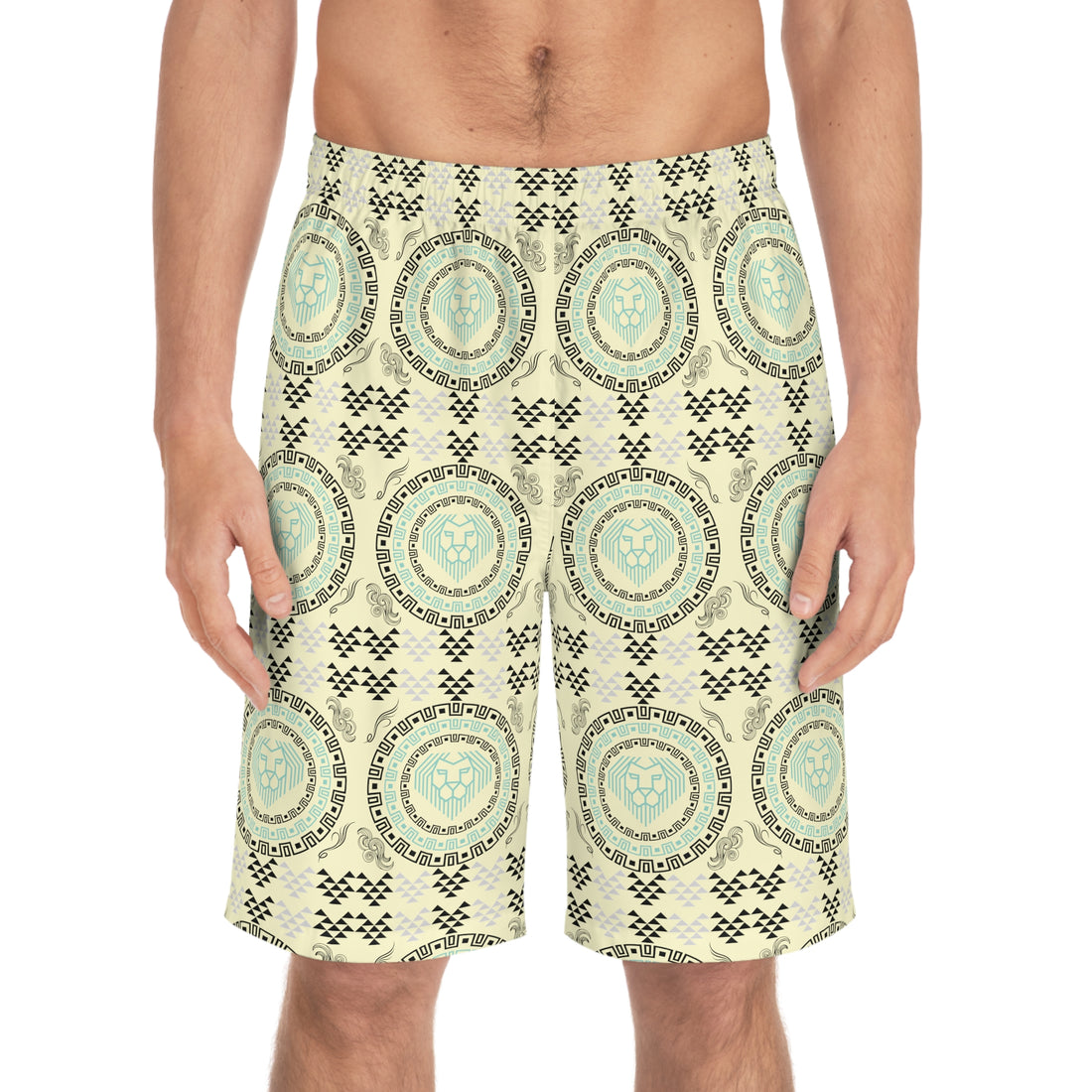 Cream Geo Lion Head Men's Board Shorts (AOP)