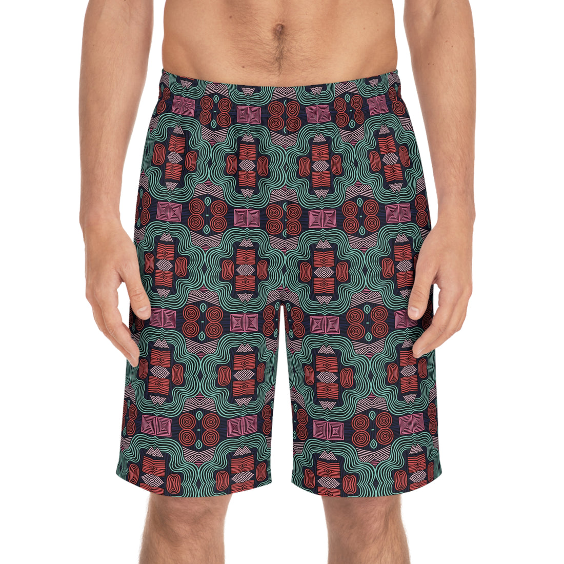 Black Geometric Print Men's Board Shorts (AOP)