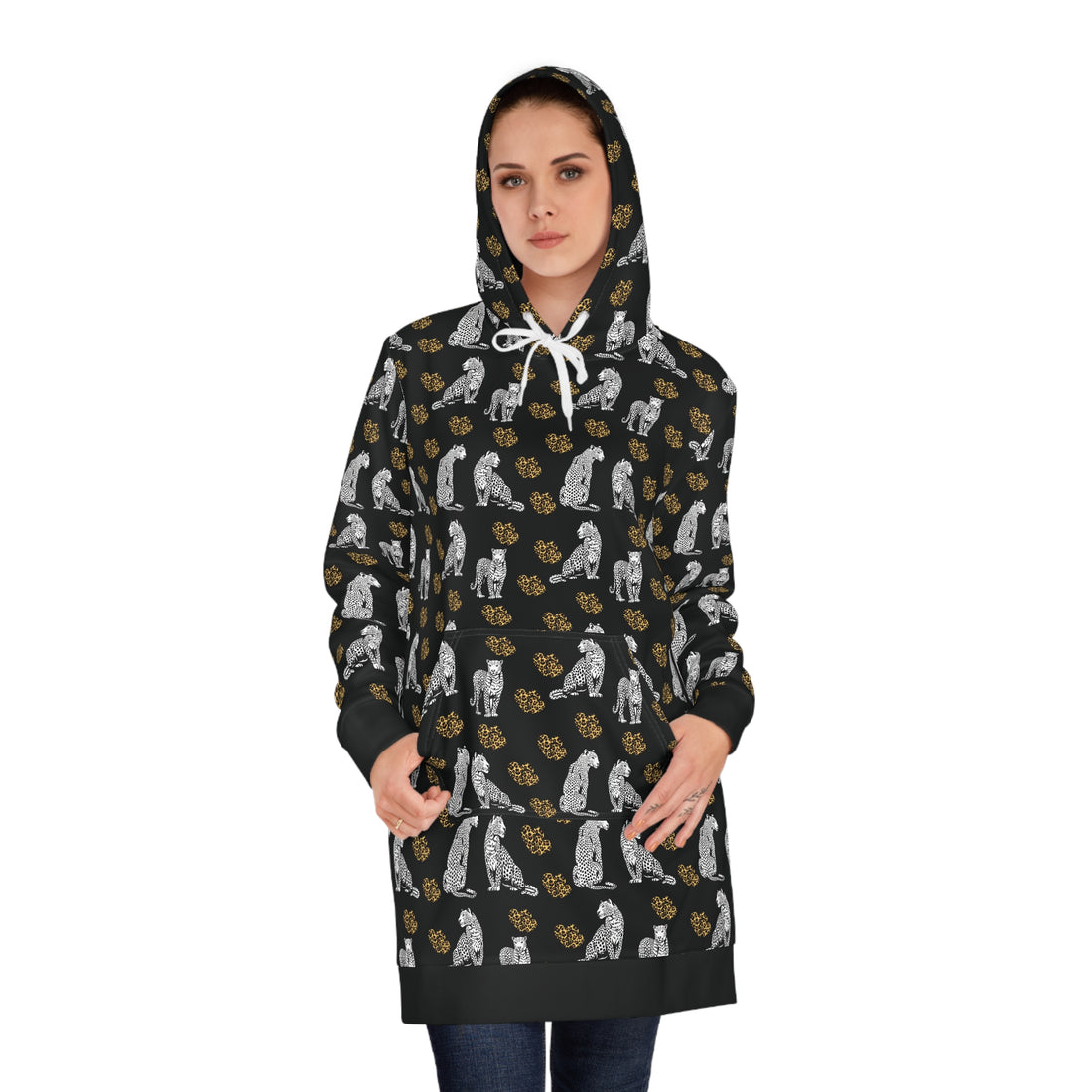 Black Cheetah Hearts Hoodie Dress (AOP)