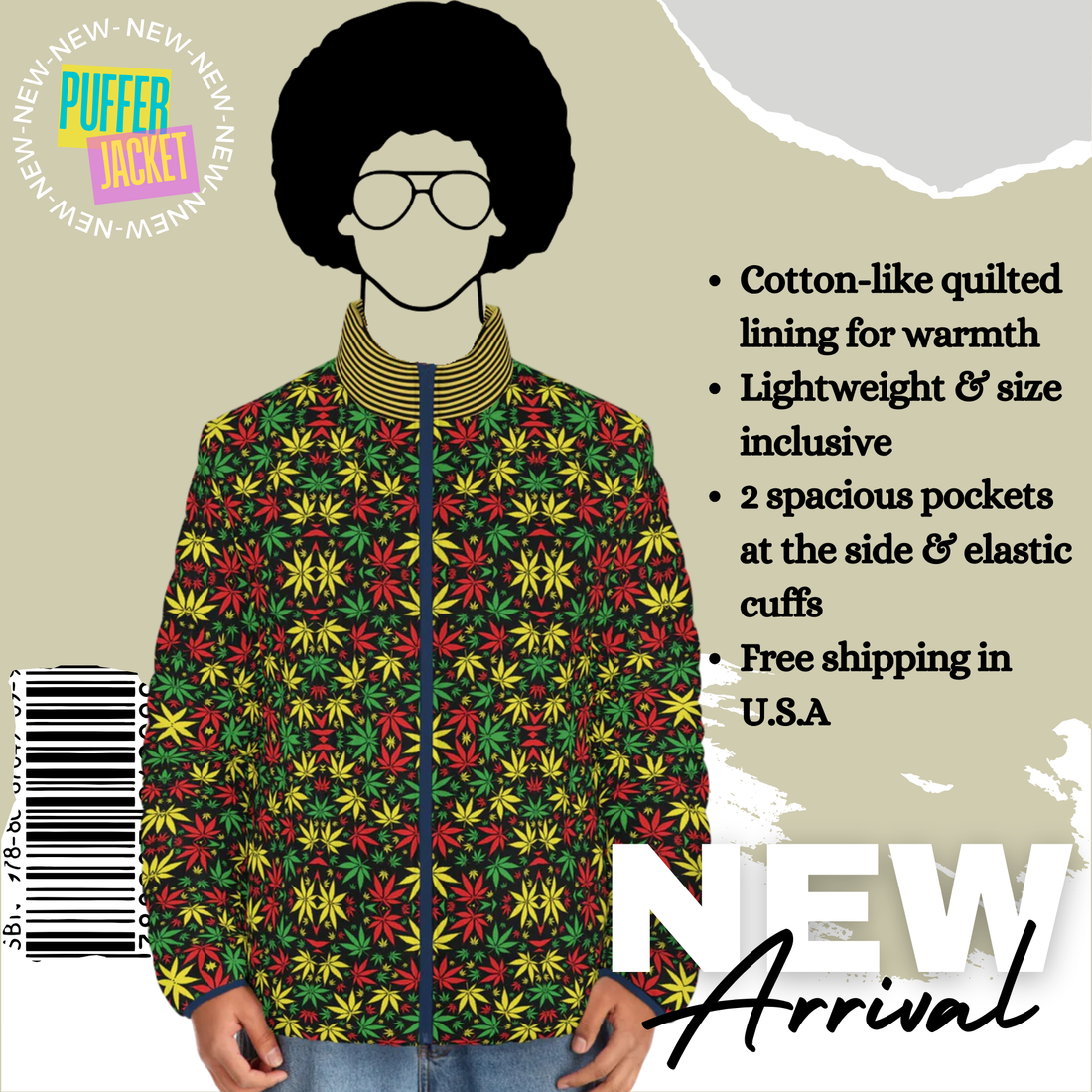 Black Tropical Rasta Toned Men's Puffer Jacket