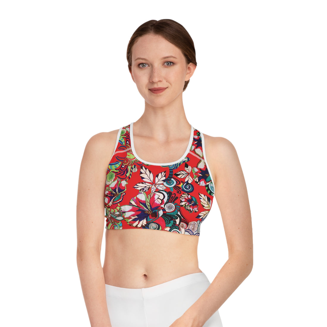 Red Graphic Floral Pop Racer Back (AOP) Sports Bra