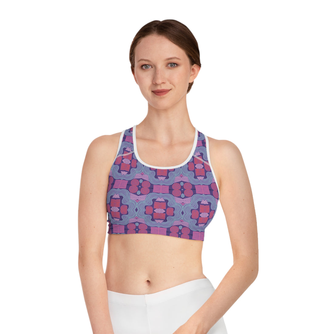 Pearl Purple Geometric Print (AOP) Racerback Sports Bra