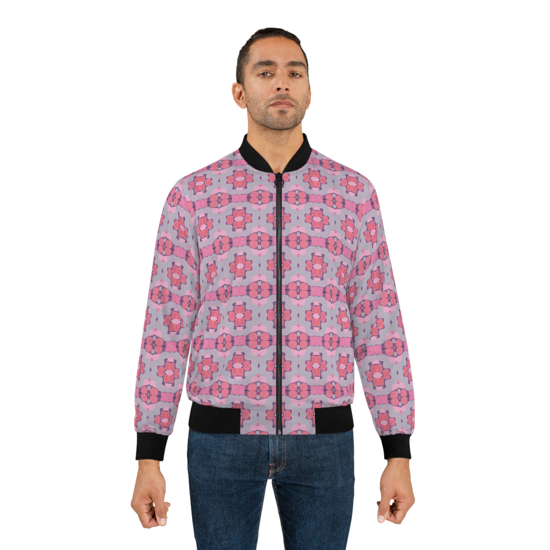 Muted Pink Geometric Print Men's Bomber Jacket