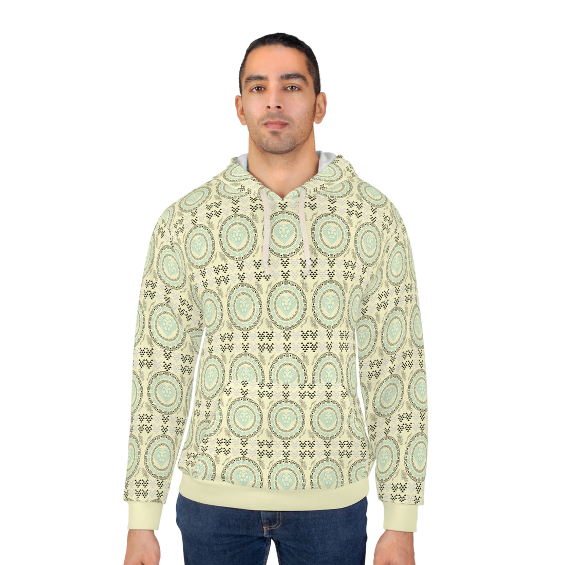 Cream Geo Lion Head Pullover Hoodie