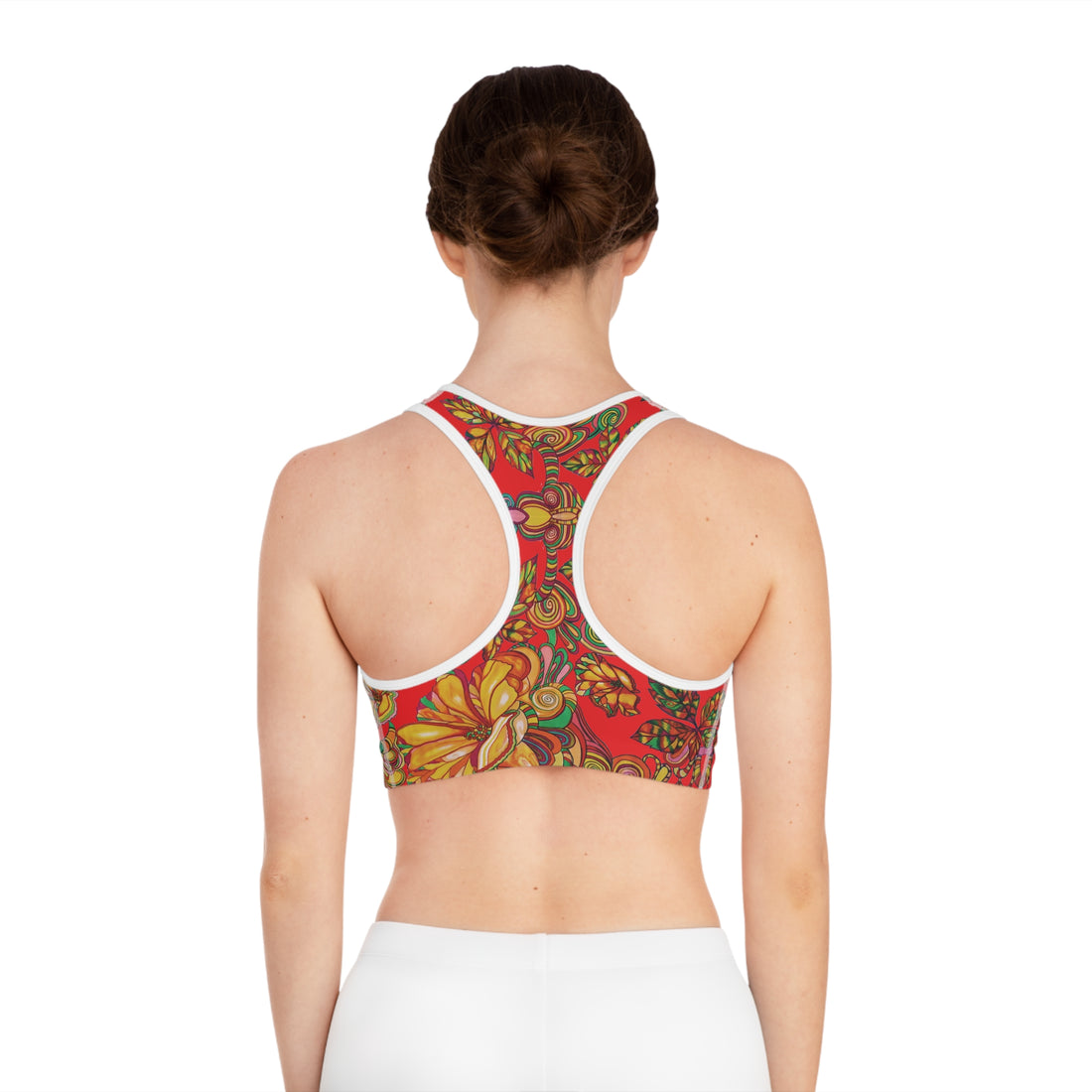 Red Artsy Floral Racer Back (AOP) Sports Bra