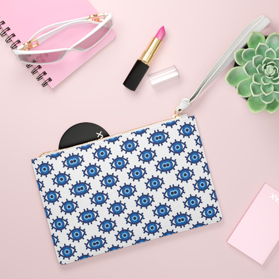 evil eye print white clutch bag