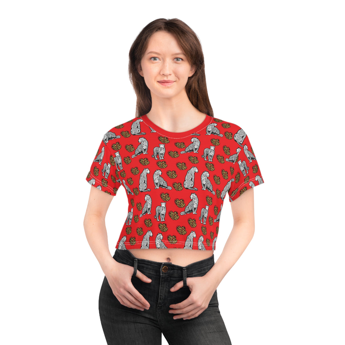 Red Cheetah Hearts AOP Crop Tee