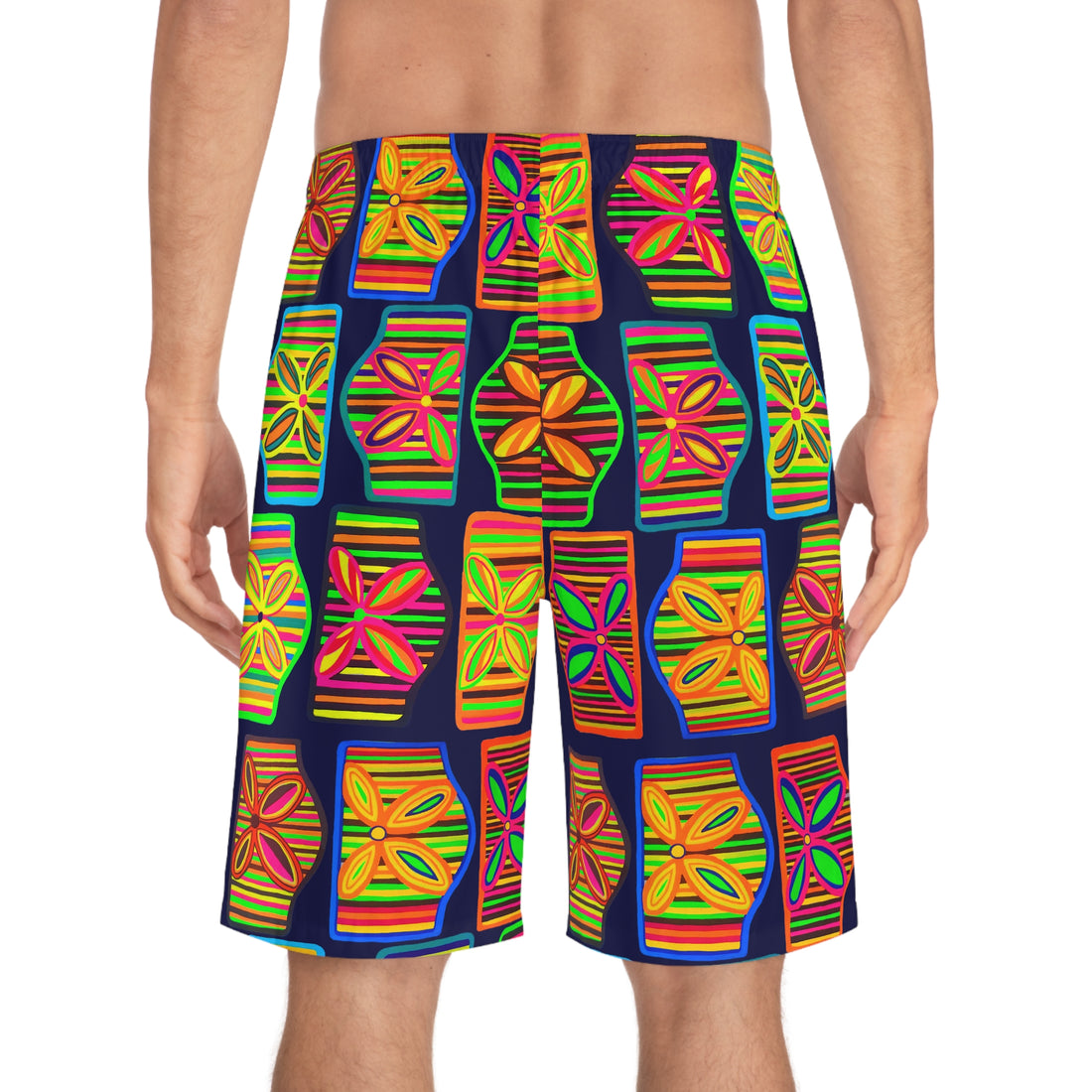 ink blue men's art deco print board shorts