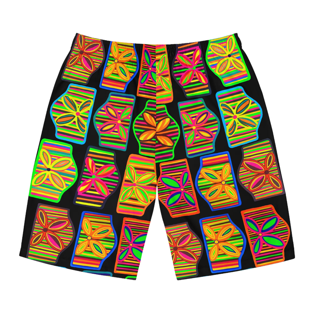 Black Deco Print Men's Board Shorts (AOP)