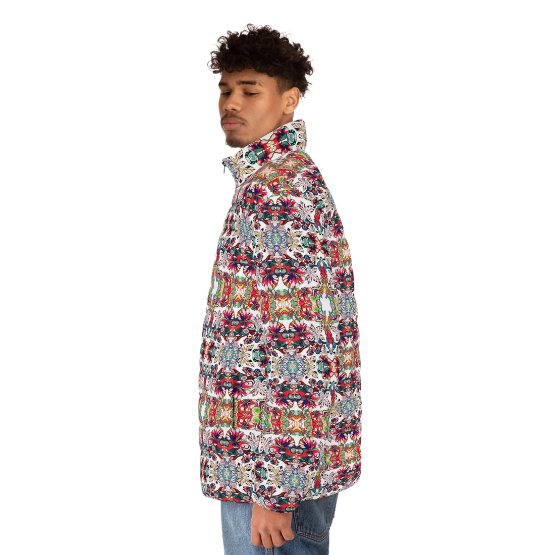 White Artsy Floral Pop Men's Puffer Jacket