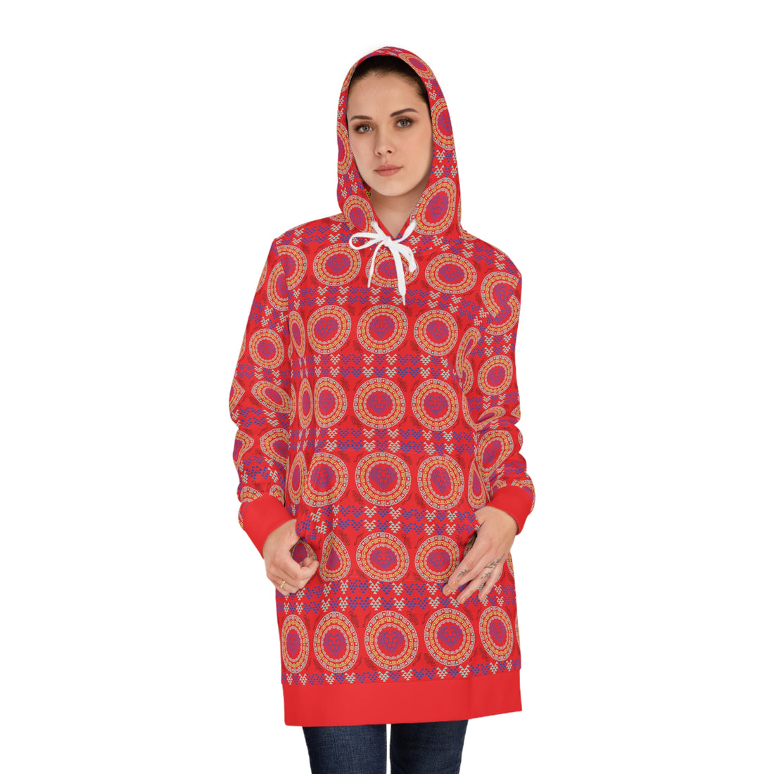 Red Geo Lion Head Hoodie Dress (AOP)