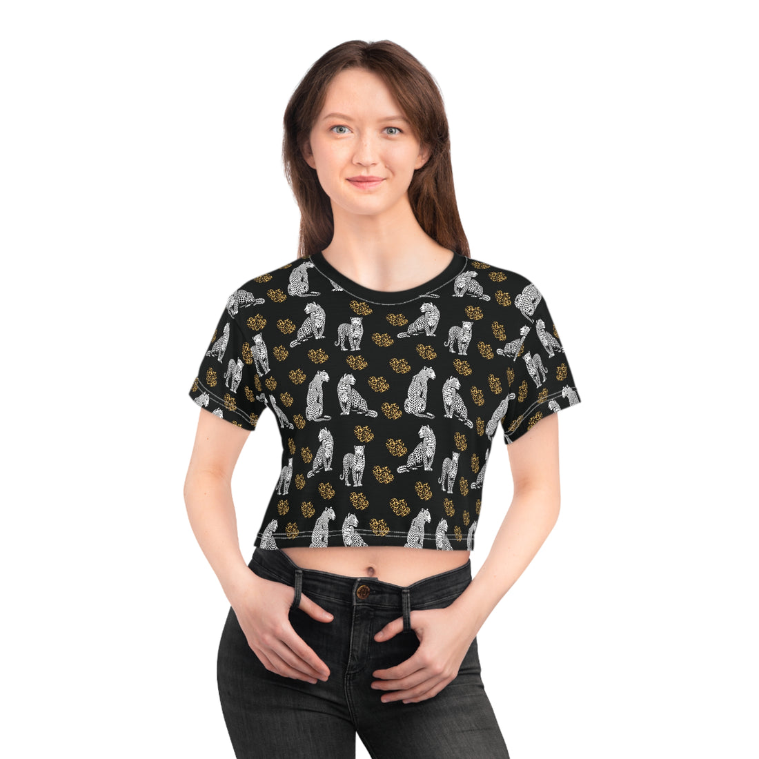 Black Cheetah Hearts AOP Crop Tee