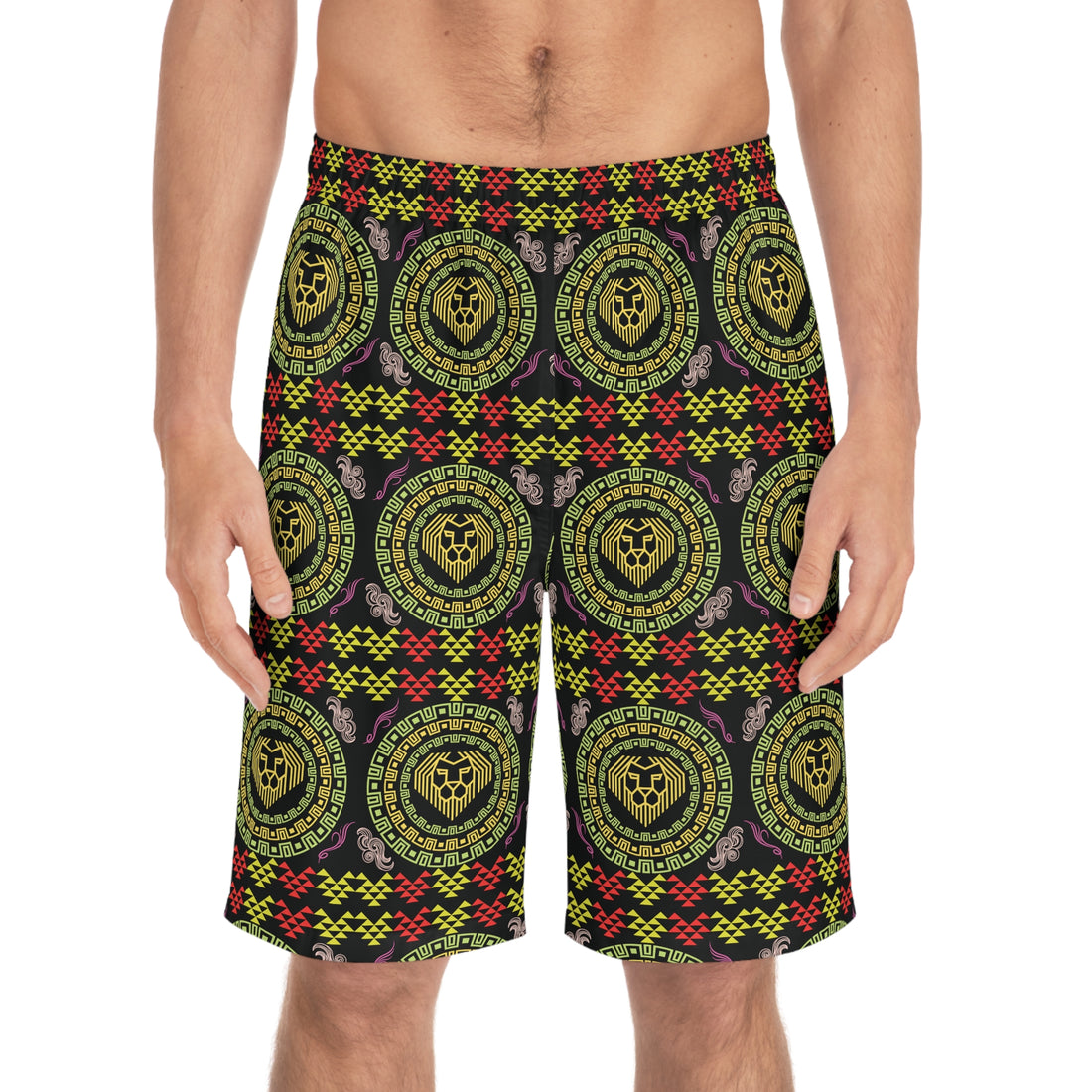 Black Geo Lion Head Men's Board Shorts (AOP)
