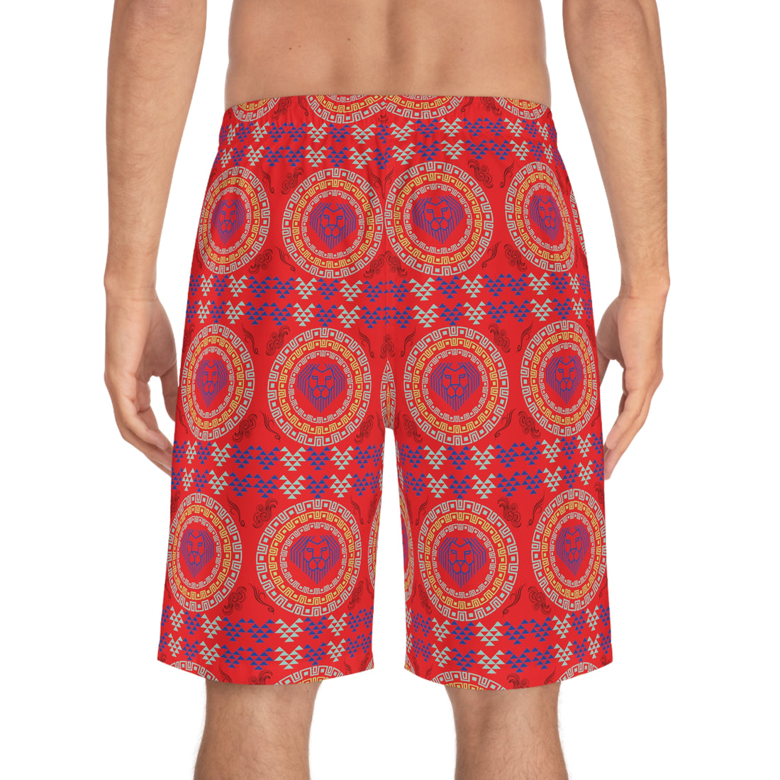 Red Geo Lion Head Men's Board Shorts (AOP)