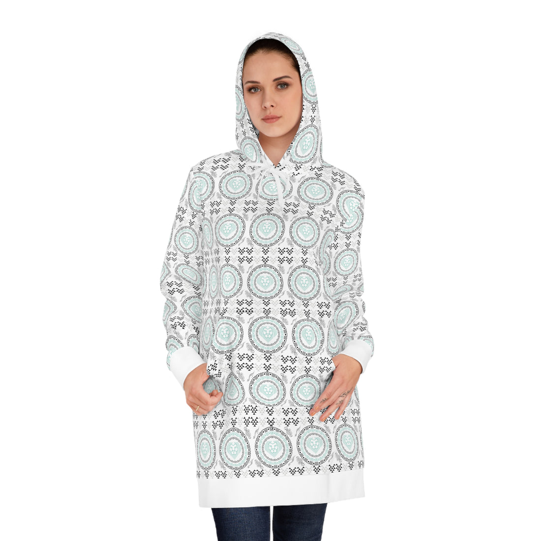 White Geo Lion Head Hoodie Dress (AOP)
