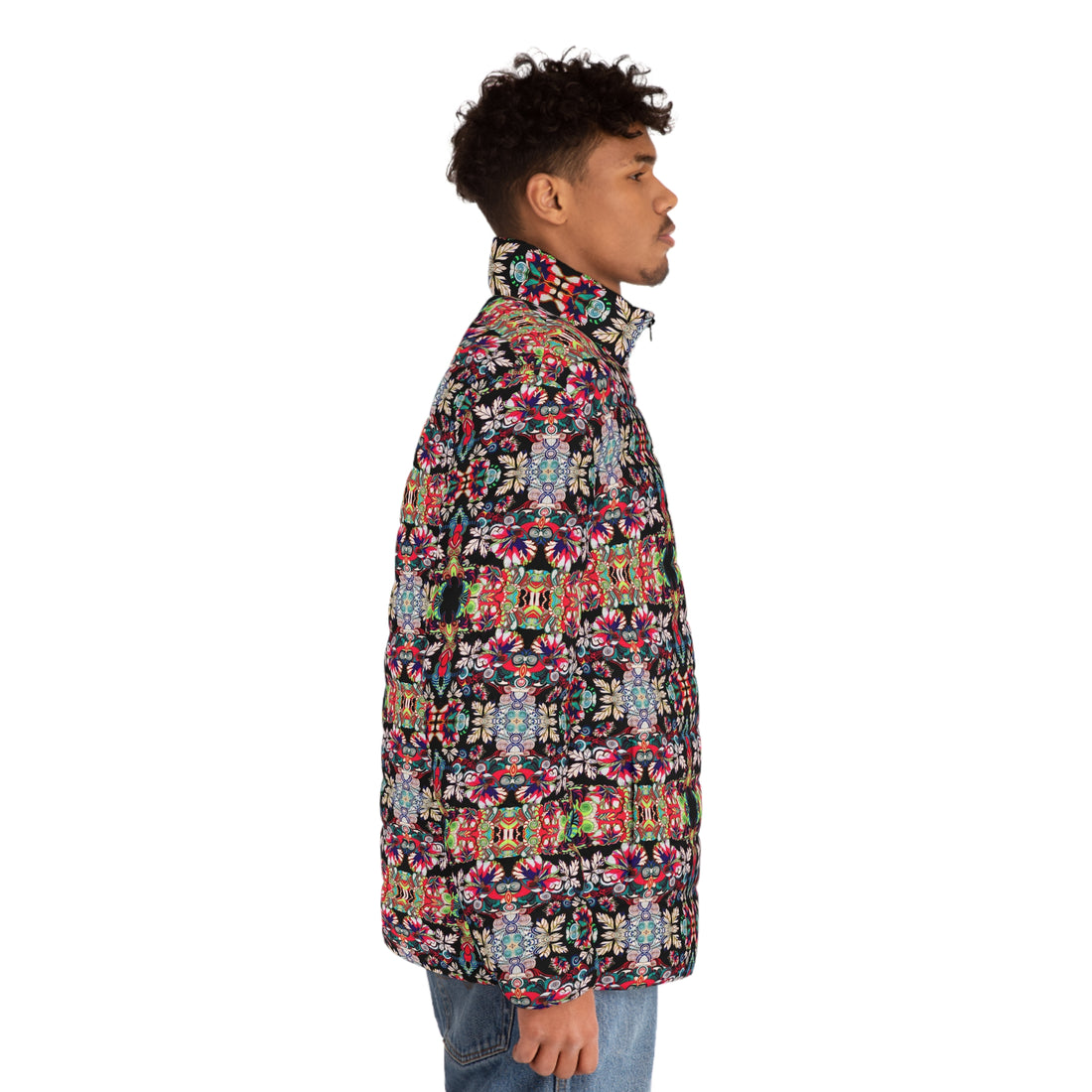 Black Artsy Floral Pop Men's Puffer Jacket