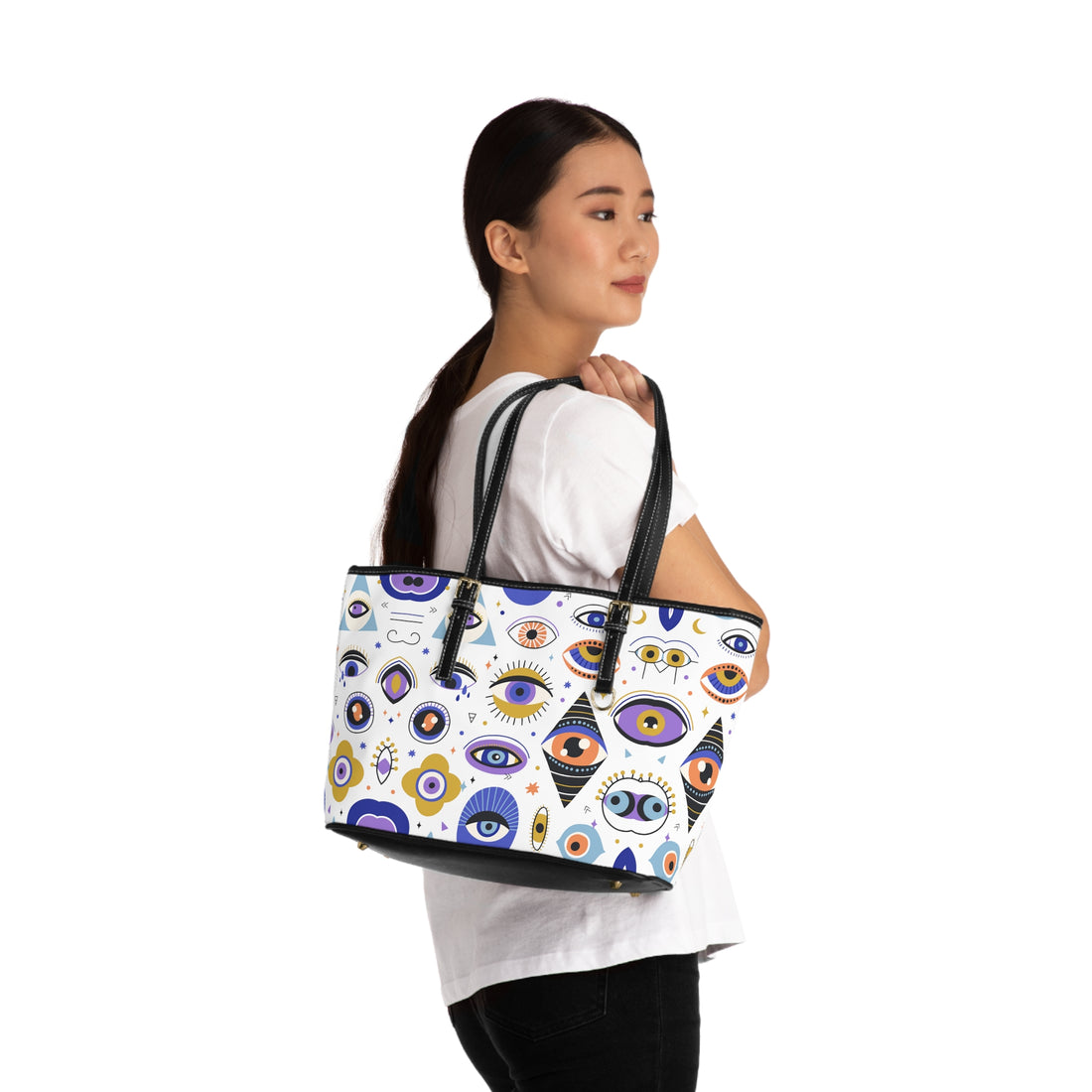 white abstract evil eye print tote bag