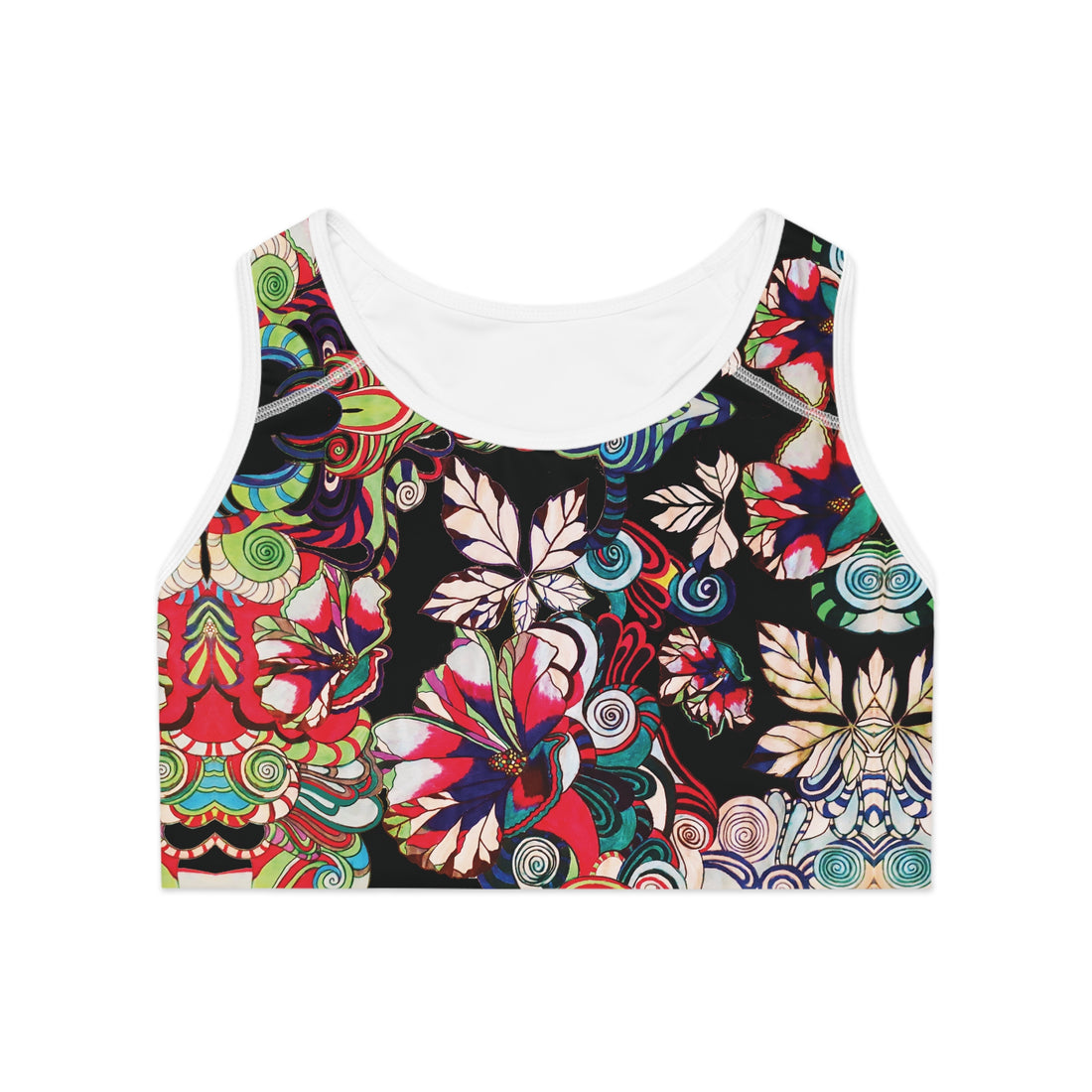 Black Graphic Floral Pop Racer Back (AOP) Sports Bra