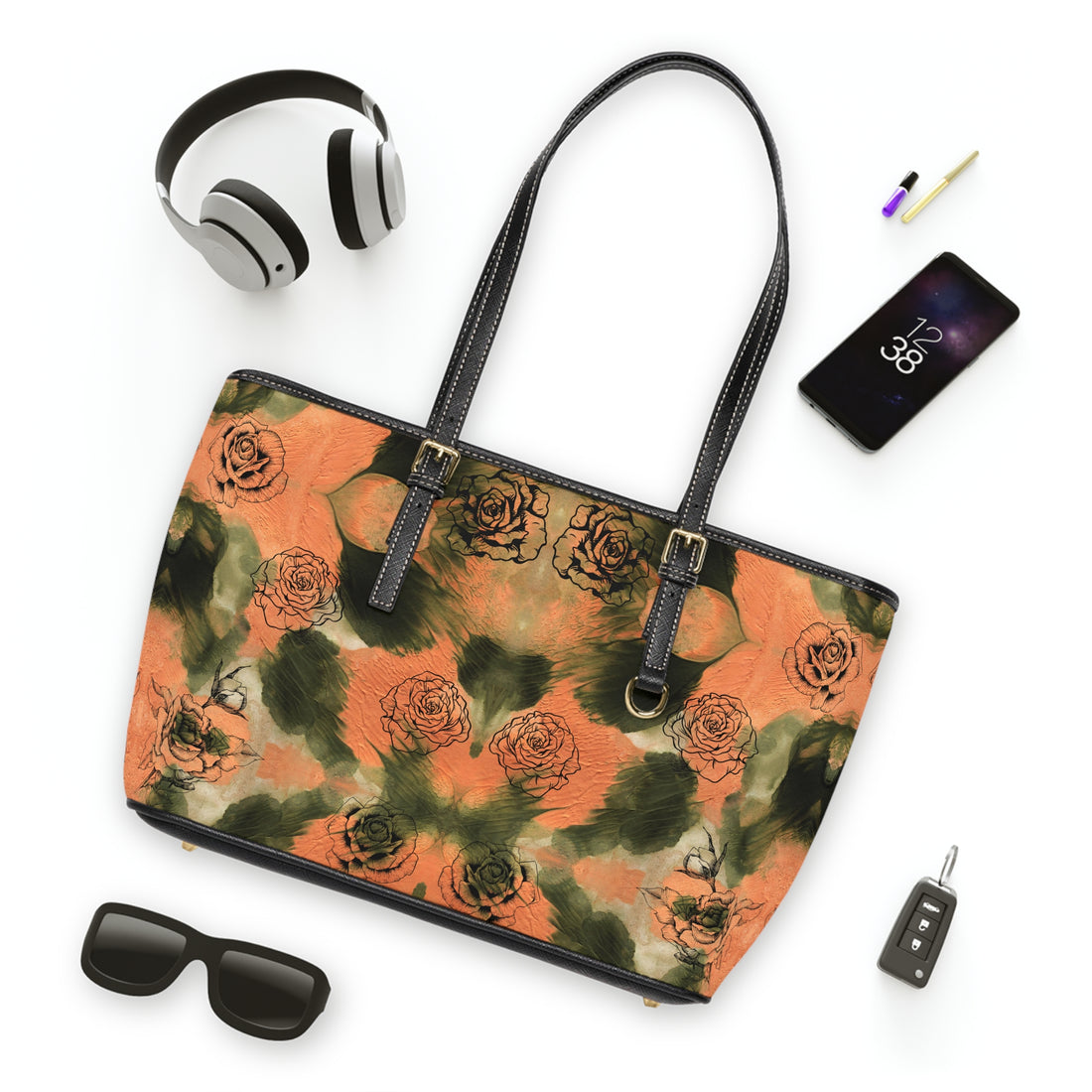 rose brush stroke pu leather over size tote bag