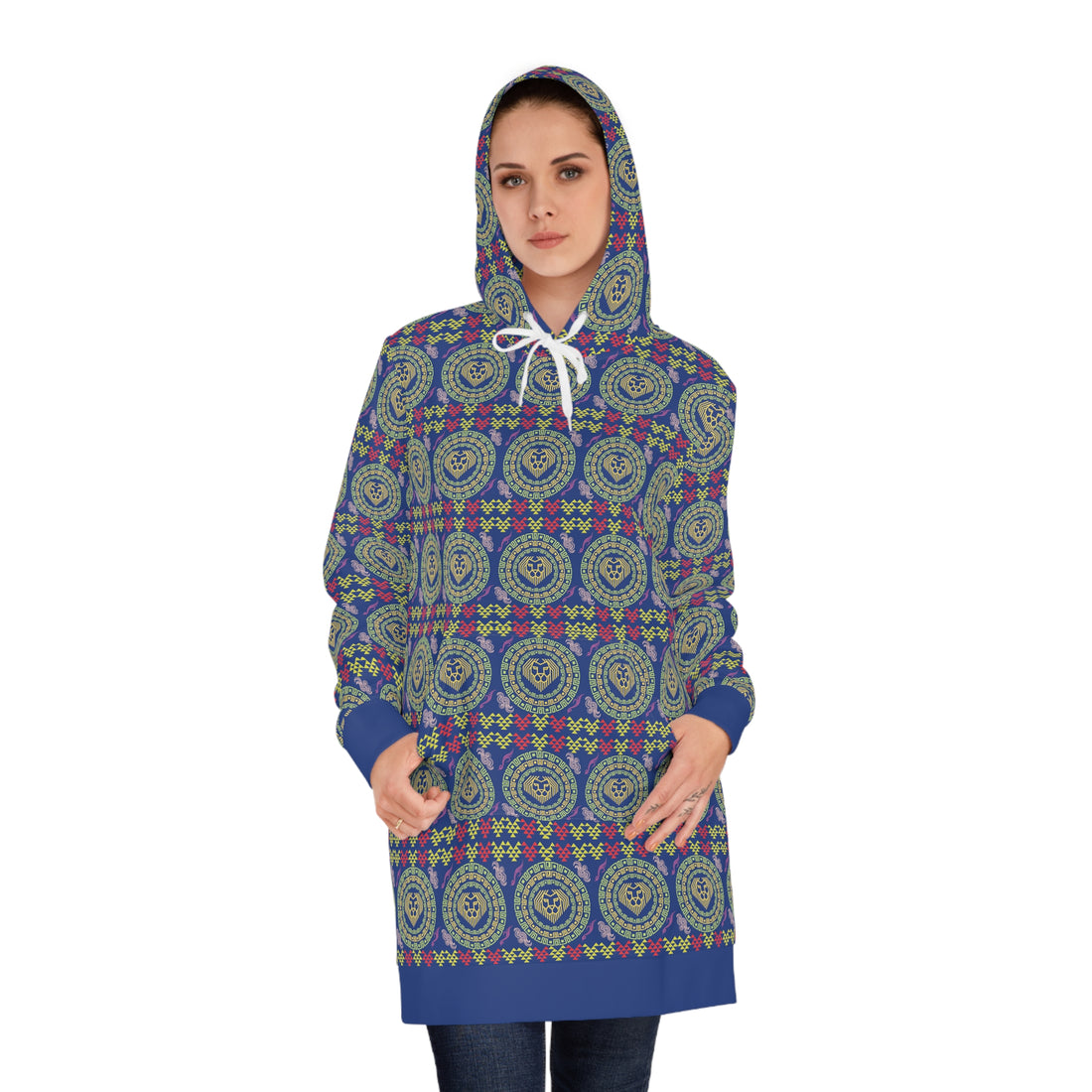 Blue Geo Lion Head Hoodie Dress (AOP)