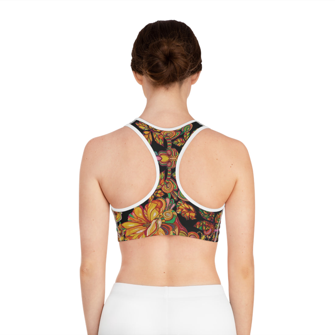 Black Artsy Floral Racer Back (AOP) Sports Bra
