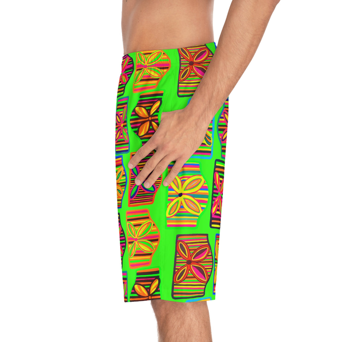 Neon Green Deco Print Men's Board Shorts (AOP)