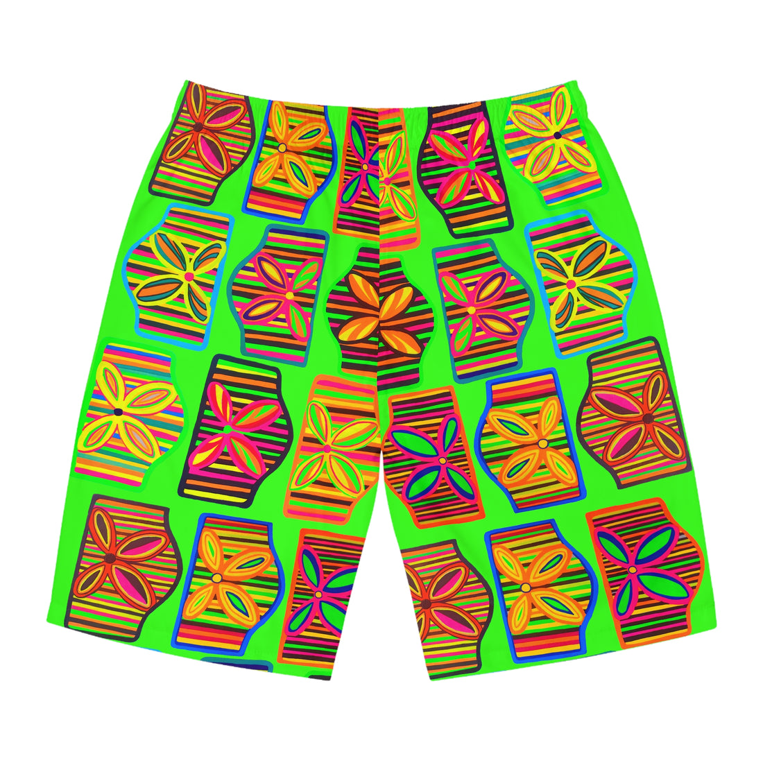 Neon Green Deco Print Men's Board Shorts (AOP)