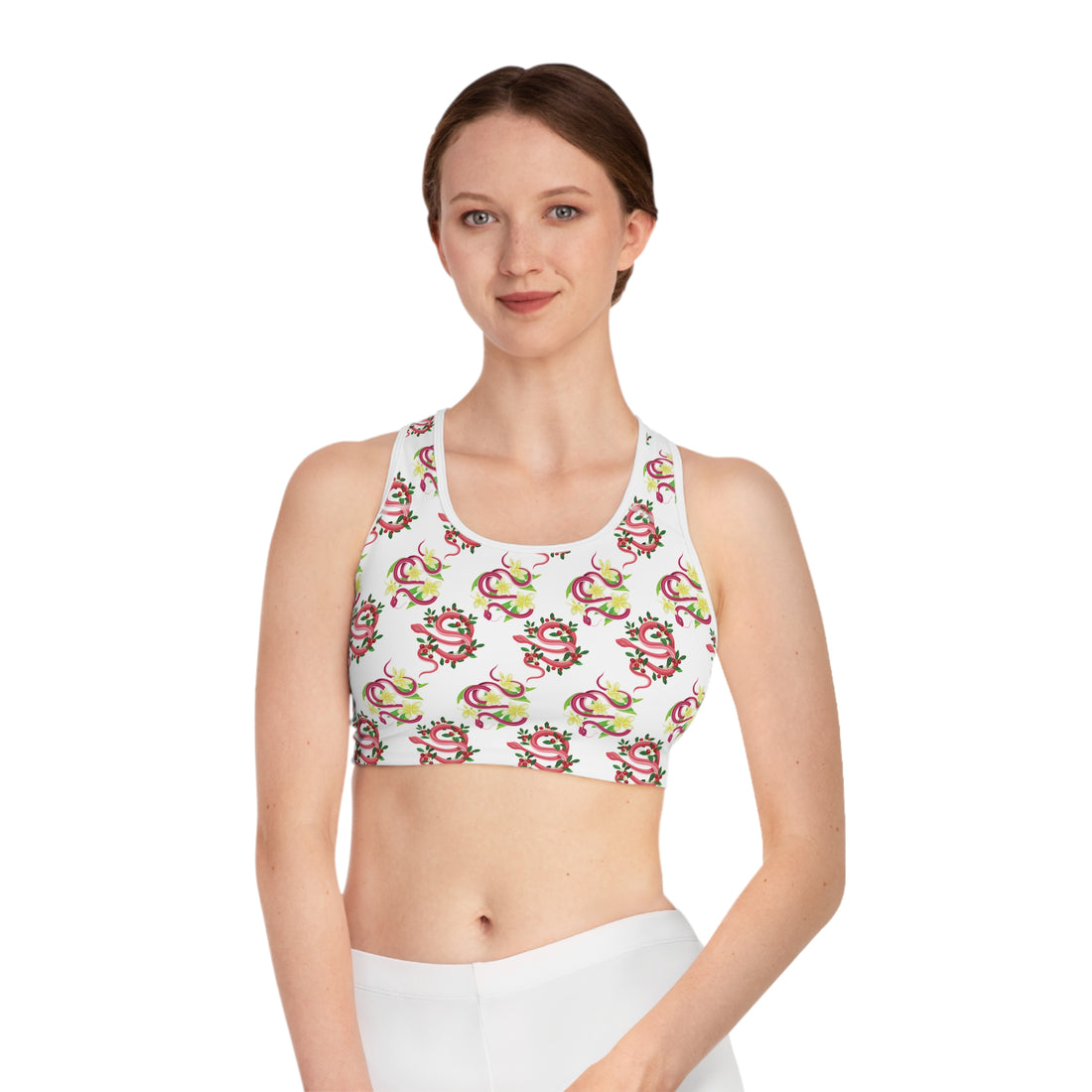 White Snake Print (AOP) Racerback Sports Bra