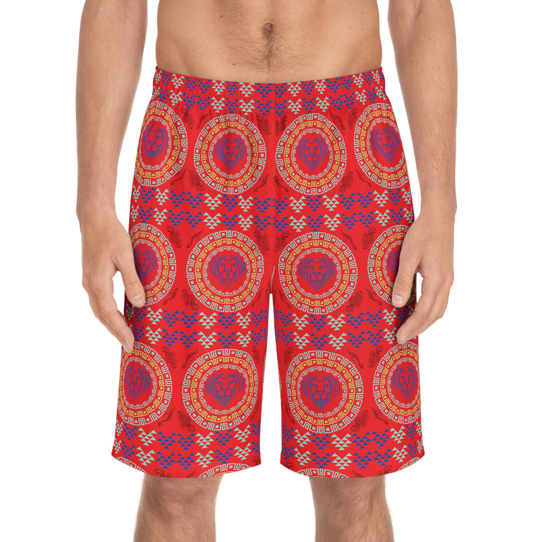 Red Geo Lion Head Men's Board Shorts (AOP)
