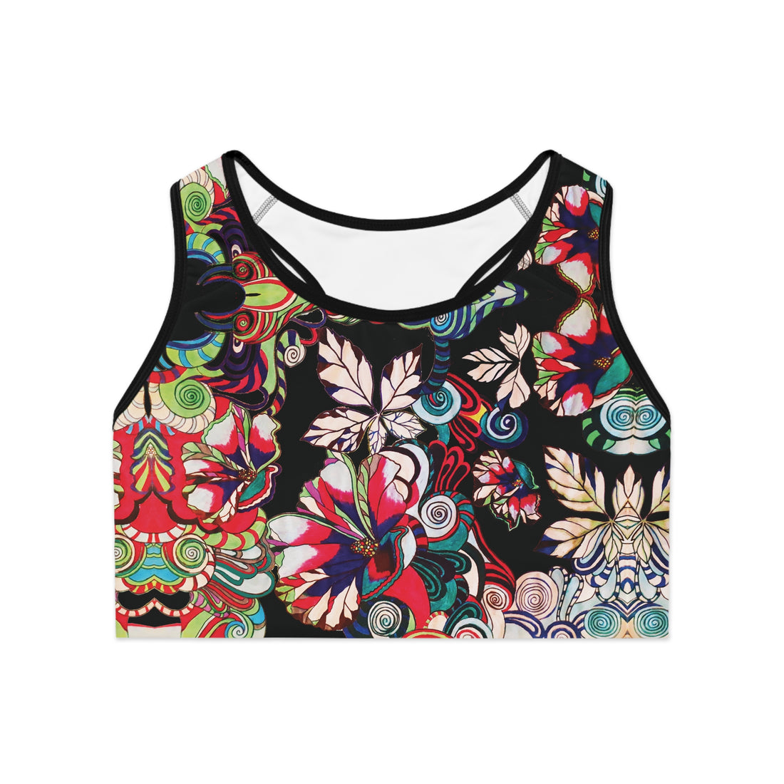Black Graphic Floral Pop Racer Back (AOP) Sports Bra