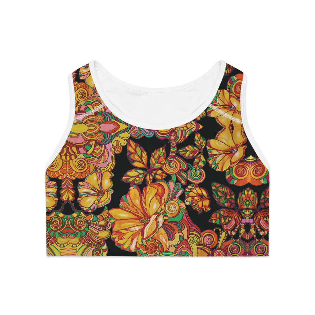 Black Artsy Floral Racer Back (AOP) Sports Bra