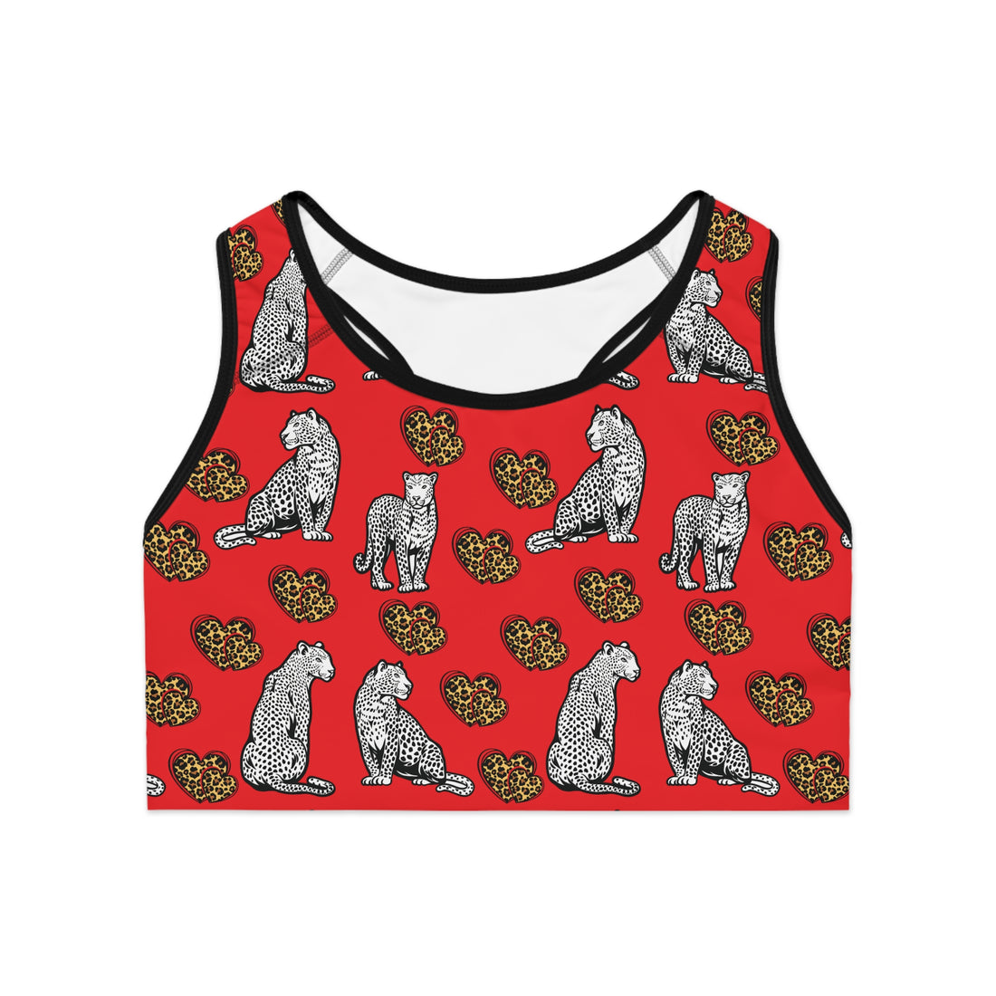 Red Cheetah Hearts (AOP) Sports Bra