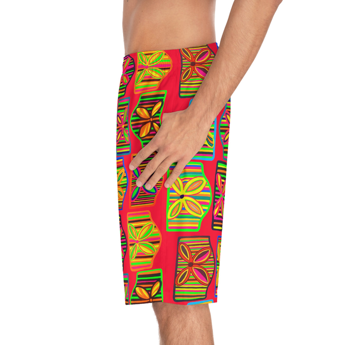 Red Deco Print Men's Board Shorts (AOP)