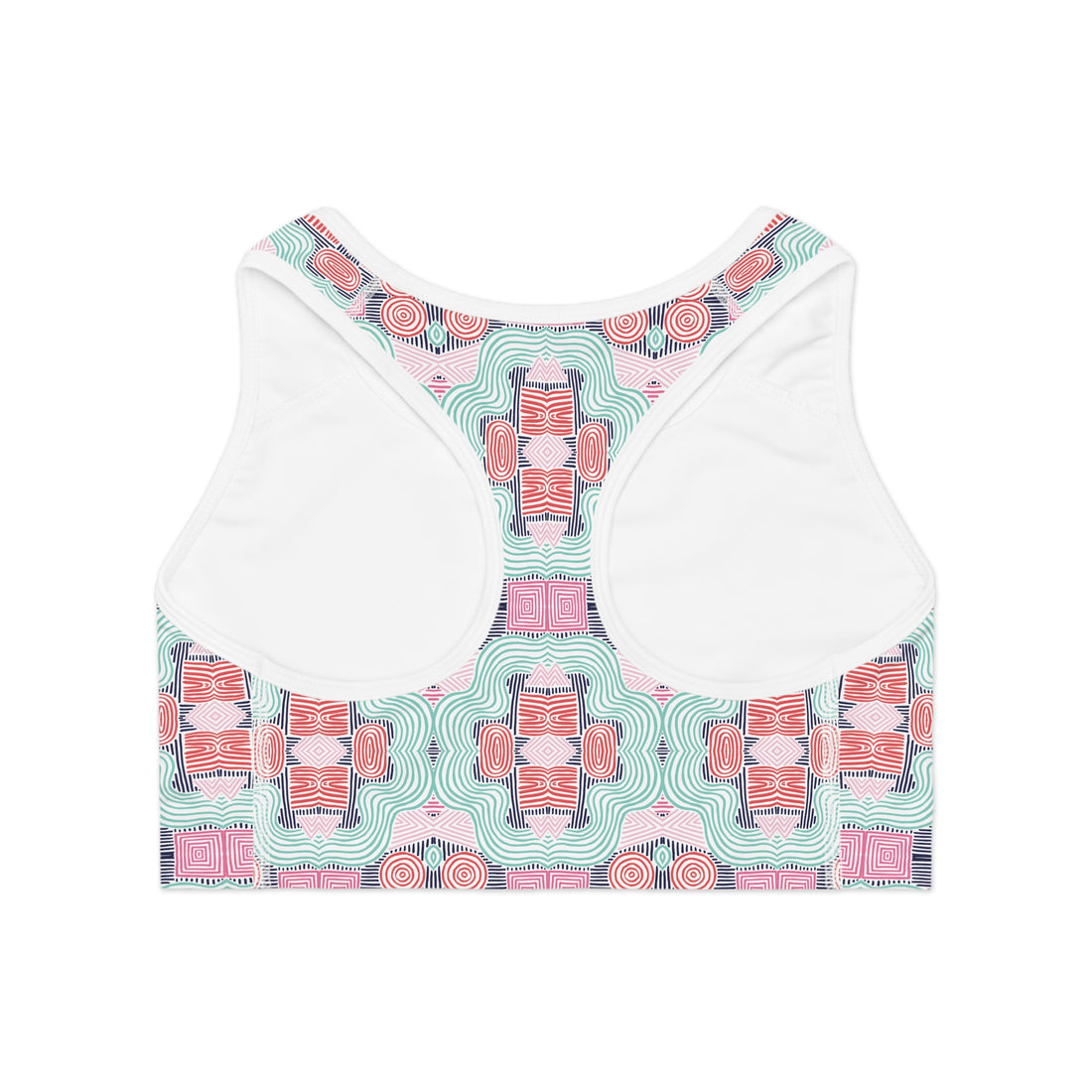 White Geometric Print (AOP) Racerback Sports Bra